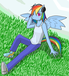 Size: 800x880 | Tagged: safe, artist:galdyearth, rainbow dash, anthro, g4, female, headphones, pixiv, solo