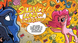 Size: 1150x642 | Tagged: safe, artist:tony fleecs, idw, official comic, boneless, pinkie pie, princess luna, alicorn, earth pony, pony, friends forever #7, g4, my little pony: friends forever, spoiler:comic, cropped, female, frown, mare, open mouth, pointing, role reversal, shocked, spread wings, traditional royal canterlot voice, wide eyes, yelling