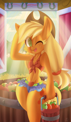 Size: 1000x1704 | Tagged: safe, artist:falleninthedark, applejack, earth pony, anthro, g4, apple, applebucking thighs, barn, belly button, breasts, bucket, clothes, cute, daisy dukes, delicious flat chest, female, flatjack, front knot midriff, jackabetes, looking at you, midriff, open mouth, shorts, smiling, solo, wink