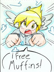 Size: 1600x2129 | Tagged: safe, artist:noisyvox, derpy hooves, human, g4, dialogue, female, humanized, solo, traditional art, winged humanization