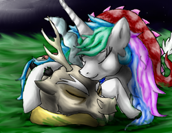 Size: 900x700 | Tagged: safe, artist:notaguitarfret, discord, princess celestia, g4, cuddling, female, male, ship:dislestia, shipping, snuggling, straight