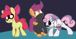 Size: 1343x684 | Tagged: safe, artist:sb, apple bloom, scootaloo, sweetie belle, pegasus, pony, unicorn, g4, clothes, costume, cutie mark crusaders, eyepatch, female, filly, mask, mouth hold, ninja, pirate, sword, weapon