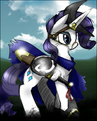 Size: 1077x1340 | Tagged: safe, artist:gravekeeper, artist:unitoone, rarity, pony, unicorn, fanfic:the ballad of twilight sparkle, g4, colored, fanfic art, female, halberd, mare, shield, solo, sword, warity, weapon