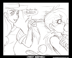 Size: 1280x1037 | Tagged: safe, artist:gravekeeper, applejack, rainbow dash, human, g4, apple, caught, dialogue, hair pulling, humanized, monochrome, sketch, snap, stealing, vein