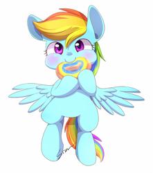 Size: 486x550 | Tagged: dead source, safe, artist:sion, rainbow dash, pegasus, pony, g4, :t, blushing, cute, dashabetes, donut, eating, feeding dash, female, happy, looking at you, puffy cheeks, simple background, smiling, solo, spread wings, tubby wubby pony waifu