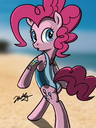 Size: 1080x1440 | Tagged: safe, artist:hotdog, pinkie pie, earth pony, pony, g4, beach, bipedal, clothes, female, one-piece swimsuit, solo, swimsuit, tattoo