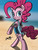 Size: 1080x1440 | Tagged: safe, artist:hotdog, pinkie pie, earth pony, pony, g4, beach, bipedal, clothes, female, one-piece swimsuit, solo, swimsuit, tattoo