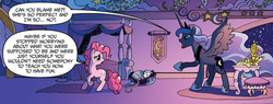 Size: 1600x605 | Tagged: safe, artist:tony fleecs, idw, official comic, pinkie pie, princess luna, tiberius, alicorn, earth pony, opossum, pony, friends forever #7, g4, my little pony: friends forever, spoiler:comic, angry, cropped, dialogue, duo, ethereal mane, female, frown, glare, mare, open mouth, pointing, sad, speech bubble, spread wings, starry mane