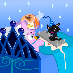 Size: 1635x1635 | Tagged: safe, artist:magerblutooth, diamond tiara, oc, oc:dazzle, cat, g4, bed, breakfast in bed, breakfast is ruined, croissant, egg, hat, milk, missing accessory, pancakes, party hat