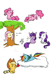 Size: 1063x1575 | Tagged: safe, artist:usagilovex, angel bunny, applejack, fluttershy, pinkie pie, rainbow dash, rarity, twilight sparkle, g4, apple, chibi, fluttertree, mane six, yawn