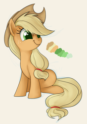 Size: 500x709 | Tagged: safe, artist:mn27, applejack, g4, color palette, cute, female, simple background, sitting, smiling, solo