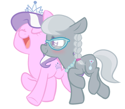 Size: 500x438 | Tagged: safe, artist:sorckylo, diamond tiara, silver spoon, earth pony, pony, g4, blushing, eyes closed, female, filly, floppy ears, lesbian, lidded eyes, open mouth, raised hoof, raised leg, running, ship:silvertiara, shipping, simple background, smiling, underhoof, white background