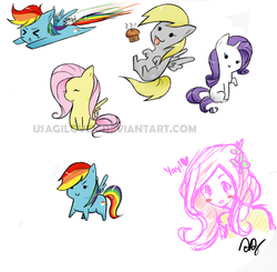 Size: 1103x1079 | Tagged: safe, artist:usagilovex, derpy hooves, fluttershy, rainbow dash, rarity, human, g4, blush sticker, blushing, chibi, humanized, muffin, tongue out