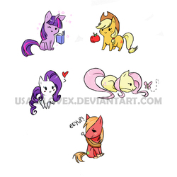 Size: 1178x1176 | Tagged: safe, artist:usagilovex, applejack, big macintosh, fluttershy, rarity, twilight sparkle, butterfly, earth pony, pony, g4, apple, book, chibi, heart, male, stallion