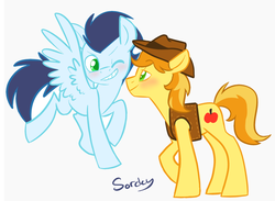 Size: 700x513 | Tagged: safe, artist:sorckylo, braeburn, soarin', g4, blushing, flying, gay, male, ship:soarburn, shipping