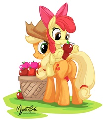 Size: 881x1000 | Tagged: safe, artist:mysticalpha, apple bloom, applejack, earth pony, pony, g4, apple, apple bloom riding applejack, applejack's hat, braid, butt, cowboy hat, dock, featureless crotch, female, filly, foal, fruit, hat, implied anus, looking back, mare, plot, ponies riding ponies, raised tail, riding, sisters