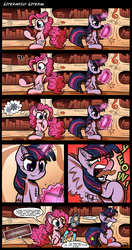 Size: 2000x3800 | Tagged: safe, artist:gray--day, pinkie pie, twilight sparkle, alicorn, earth pony, pony, g4, abuse, book, chest fluff, comic, duo, duo female, ear fluff, female, glowing horn, high res, horn, literal, literal butthurt, literal minded, magic, mare, open mouth, ouch, pain, pain star, pliers, plot twist, pun, reading, smiling, telekinesis, tongue out, twilight sparkle (alicorn), twilybuse