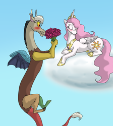 Size: 3450x3842 | Tagged: safe, artist:snowyhooves, discord, princess celestia, g4, blushing, female, flower, high res, male, pink-mane celestia, ship:dislestia, shipping, straight, young, younger