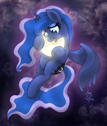 Size: 1100x1300 | Tagged: safe, artist:joakaha, princess luna, g4, female, hug, moon, open mouth, smiling, solo, spread wings, tangible heavenly object