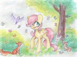 Size: 3342x2476 | Tagged: safe, artist:catseye-view, fluttershy, bird, butterfly, mouse, rabbit, squirrel, g4, animal, female, filly fluttershy, hair over one eye, high res, solo, traditional art, younger