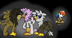 Size: 990x524 | Tagged: safe, artist:colorfulwonders, oc, oc only, oc:rainbow feather, griffon, interspecies offspring, magical lesbian spawn, offspring, parent:gilda, parent:rainbow dash, parents:gildash, sad, teasing, young