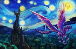 Size: 1200x776 | Tagged: dead source, safe, artist:viwrastupr, twilight sparkle, alicorn, pony, g4, female, fine art parody, flying, impossibly large wings, mare, moon, night, scenery, solo, starry night, stars, the starry night, twilight sparkle (alicorn), vincent van gogh