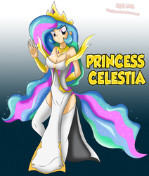 Size: 2786x3283 | Tagged: safe, artist:ryured, princess celestia, human, g4, breasts, busty princess celestia, cleavage, female, high res, humanized, looking at you, solo, waving