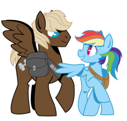 Size: 1020x971 | Tagged: safe, artist:dbkit, dumbbell, rainbow dash, pegasus, pony, g4, alternate hairstyle, dumbdash, duo, female, male, ponytail, saddle bag, shipping, simple background, straight, transparent background