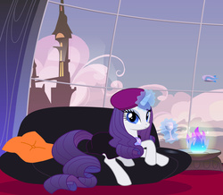 Size: 1992x1740 | Tagged: safe, artist:violetsquiggles, rarity, g4, airship, beatnik rarity, beret, canterlot, clothes, couch, fanfic art, female, fire, hat, levitation, magic, prone, solo, wine glass