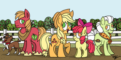 Size: 873x437 | Tagged: safe, artist:graciegirl328, apple bloom, applejack, big macintosh, granny smith, winona, earth pony, pony, g4, male, stallion