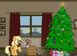 Size: 698x512 | Tagged: safe, artist:graciegirl328, applejack, winona, dog, g4, christmas, christmas presents, christmas tree, female, filly, filly applejack, hearth's warming, holiday, present, puppy, tree, younger