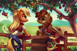 Size: 2834x1888 | Tagged: safe, artist:holivi, apple bloom, applejack, carrot top, golden harvest, earth pony, semi-anthro, g4, apple, apple sisters, apple tree, cottagecore, female, fence, filly, foal, food, leaning, mare, puffy sleeves, siblings, sisters, tree, trio, trio female