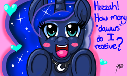 Size: 854x512 | Tagged: safe, artist:galladexd, princess luna, g4, blushing, cute, female, fourth wall, heart, hug, hug request, leaning, looking at you, lunabetes, open mouth, smiling, solo, underhoof