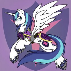 Size: 724x730 | Tagged: safe, artist:anime-apothecary, artist:dfectivedvice, shining armor, alicorn, pony, g4, abstract background, alicornified, armor, colored, colored hooves, cutie mark background, horseshoes, male, male alicorn, prince shining armor, race swap, shiningcorn, solo, stallicorn, stallion, unshorn fetlocks