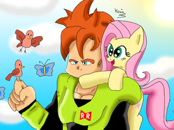 Size: 768x575 | Tagged: safe, artist:kesia-chan, fluttershy, bird, butterfly, g4, android 16, crossover, dragon ball, dragon ball z, dragonball z abridged, toriyama