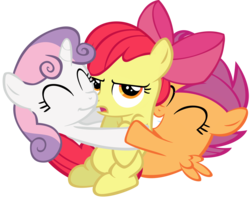 Size: 6128x4847 | Tagged: dead source, safe, artist:mmdfantage, apple bloom, scootaloo, sweetie belle, g4, ^^, absurd resolution, cute, cutie mark crusaders, eyes closed, female, filly, foal, hug, role reversal, simple background, transparent background