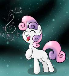 Size: 769x852 | Tagged: safe, artist:alazak, sweetie belle, pony, unicorn, g4, eyes closed, female, filly, music notes, singing, solo