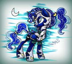 Size: 1530x1371 | Tagged: safe, artist:frostykat13, princess luna, g4, alternate hairstyle, armor, crescent moon, female, frown, looking back, moon, ponytail, solo, sparkles, traditional art, warrior luna