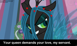Size: 1600x973 | Tagged: safe, queen chrysalis, changeling, changeling queen, g4, bronybait, caption, chrysalislover, cs captions, female, heart, solo