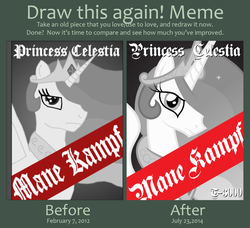 Size: 1629x1486 | Tagged: safe, artist:t-3000, adolf hitler, blackletter, book cover, comparison, frown, mein kampf, parody, tyrant celestia