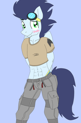 Size: 1024x1552 | Tagged: safe, artist:artistbrony, soarin', anthro, g4, abs, belly button, blushing, male, midriff, solo