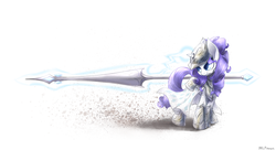 Size: 1650x900 | Tagged: dead source, safe, artist:mlpanon, rarity, g4, armor, fantasy class, female, knight, lance, levitation, magic, simple background, solo, spear, warrior, weapon, white background