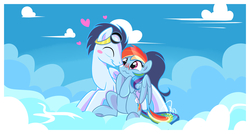 Size: 6200x3313 | Tagged: safe, artist:xwhitedreamsx, rainbow dash, soarin', g4, blushing, cute, female, goggles, male, nuzzling, ship:soarindash, shipping, straight, wavy mouth