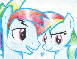 Size: 1017x786 | Tagged: safe, artist:macroscopicponies, rainbow dash, pony, g4, female, heart, male, rainbow blitz, rule 63, self ponidox, selfcest, shiny, ship:dashblitz, shipping, straight, traditional art