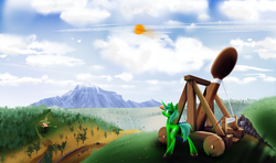 Size: 2700x1600 | Tagged: safe, artist:ralek, oc, oc only, catapult, glasses, mountain, pumpkin, scenery, solo, target