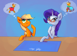 Size: 1500x1100 | Tagged: safe, artist:senx, applejack, rarity, g4, clothes, dress, glasses, pencil, pictogram, rarity's glasses, that pony sure does love apples, thought bubble