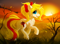 Size: 1210x889 | Tagged: safe, artist:hioshiru, oc, oc only, pony, unicorn, bow, butt, chest fluff, hair bow, horn, open mouth, open smile, outdoors, plot, raised hoof, signature, smiling, solo