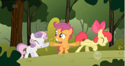 Size: 490x261 | Tagged: safe, screencap, apple bloom, scootaloo, sweetie belle, g4, the cutie mark chronicles, animated, cutie mark crusaders, ei, female, hub logo, loop, pulling, sap, stuck, tree sap and pine needles