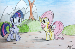 Size: 1093x719 | Tagged: safe, artist:pelate, fluttershy, twilight sparkle, friendship is magic, g4, scene interpretation, traditional art