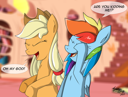 Size: 2585x1967 | Tagged: safe, artist:zsparkonequus, applejack, rainbow dash, g4, dialogue, laughing, laughingmares.jpg, reaction image